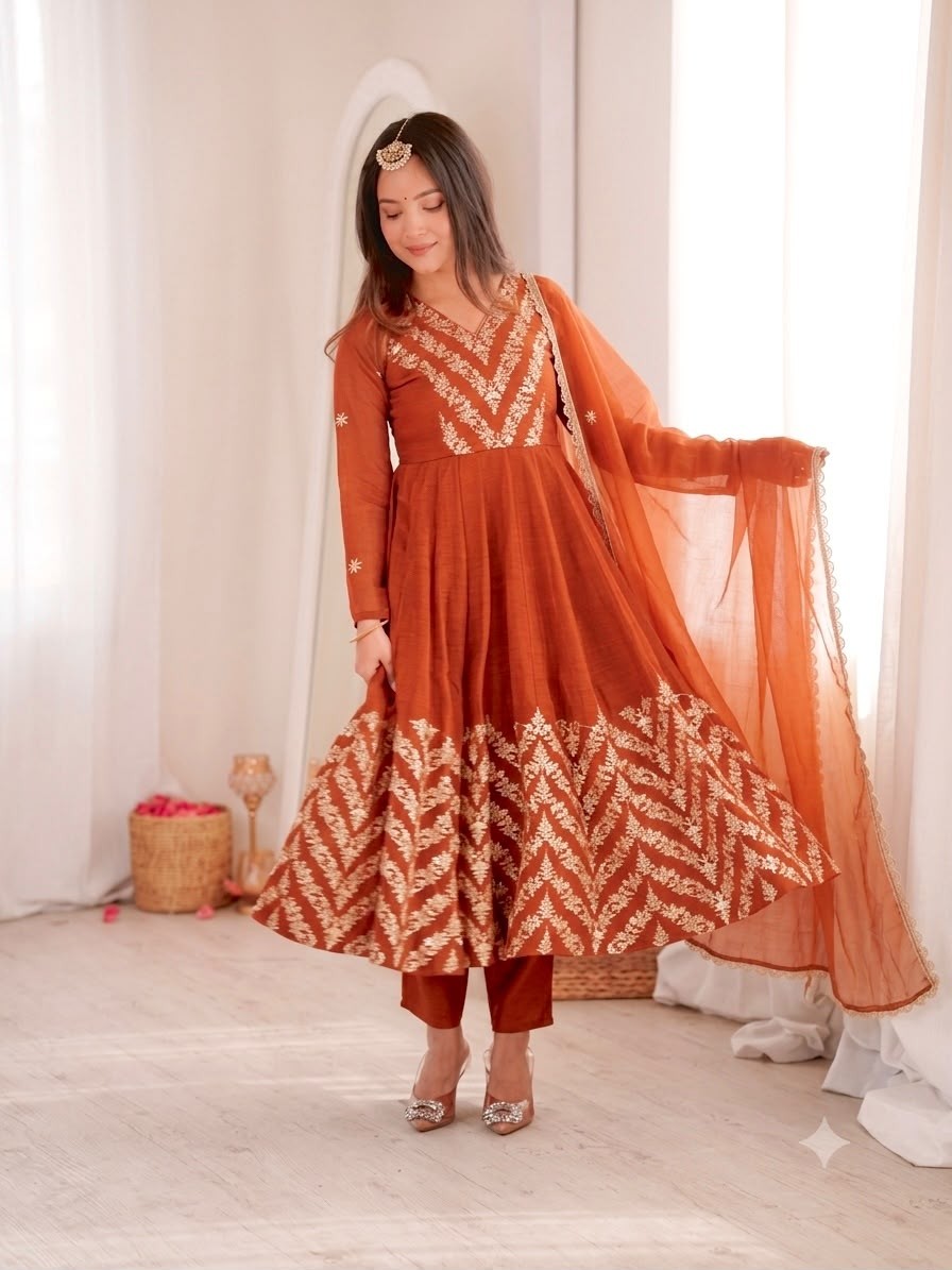 JF-050 | Crunchy Silk Embroidered Anarkali Gown | Premium Festive Collection
