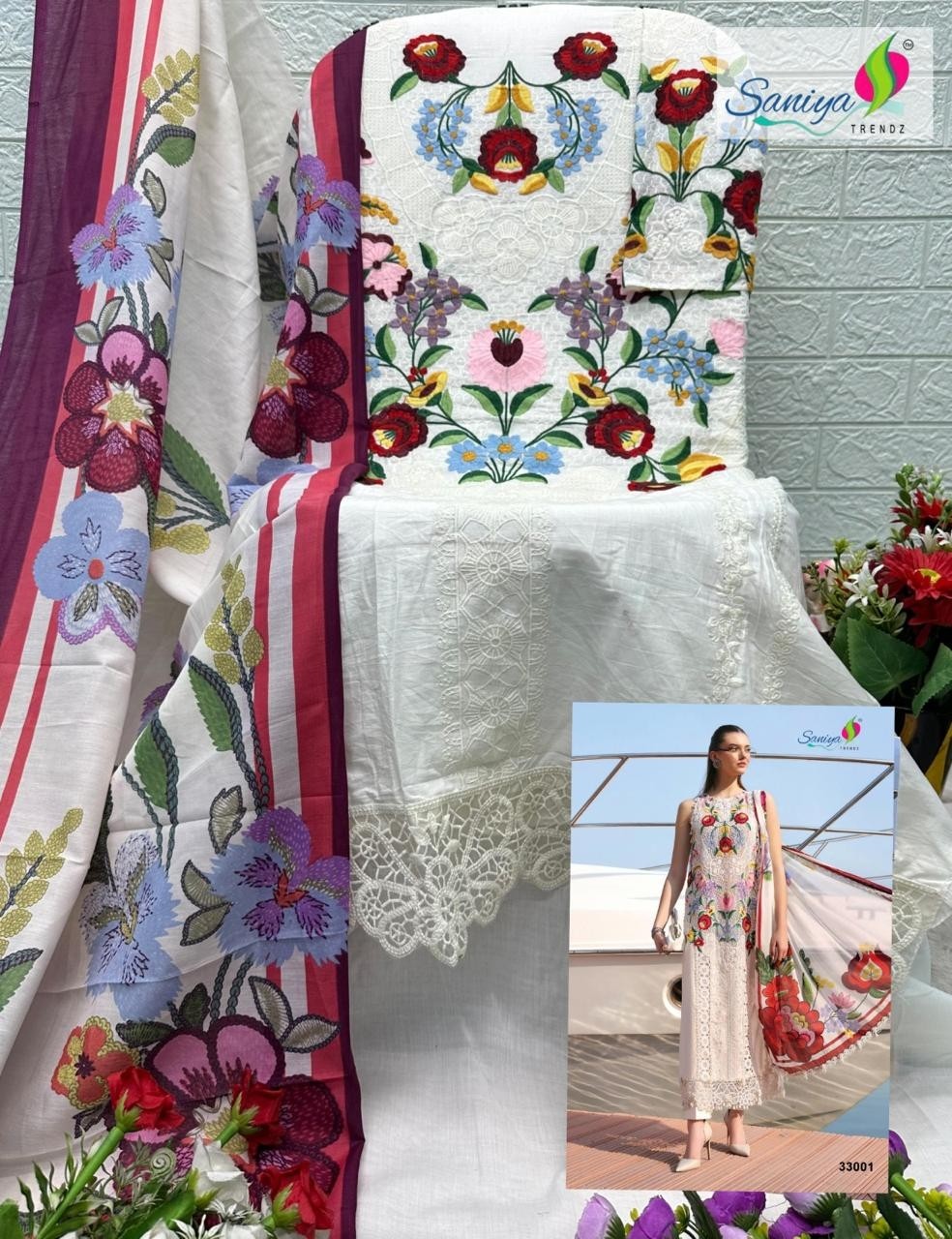 D NO :- 33001 AND 33002 COTTON WITH CHIKANKARI EMBROIDRED (SANIYA TRENDZ)