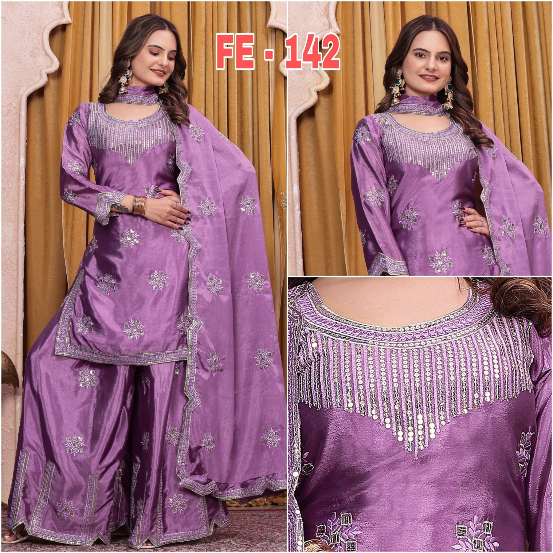 FE-142 - CHINON MICRO  SEQUENCE EBROIDERY WORK BY PAKISTANI SHARARA SUIT