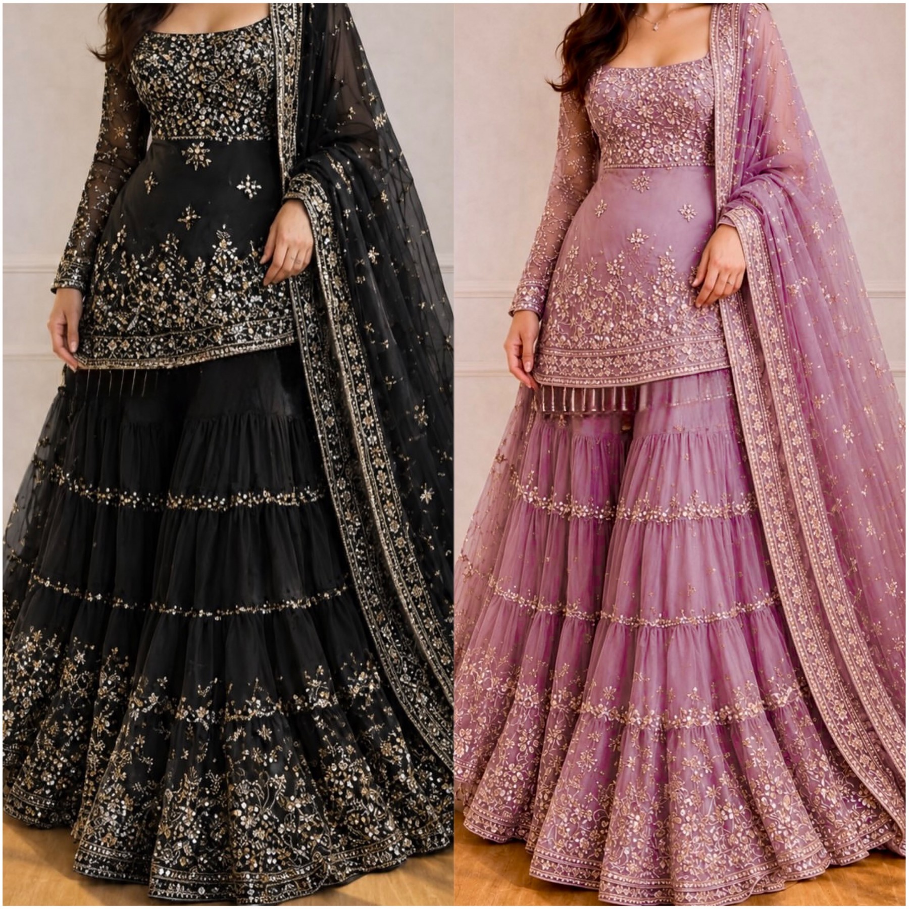 KF-1735 | Heavy Faux Georgette Embroidered Top Sharara Dupatta Set | M-XXL