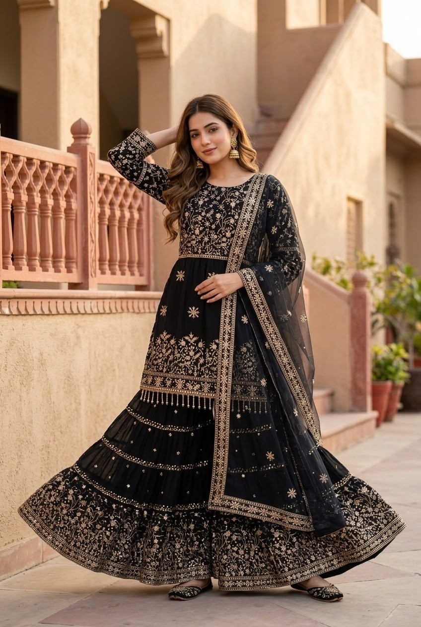 KF-1735 | Heavy Faux Georgette Embroidered Top Sharara Dupatta Set | M-XXL