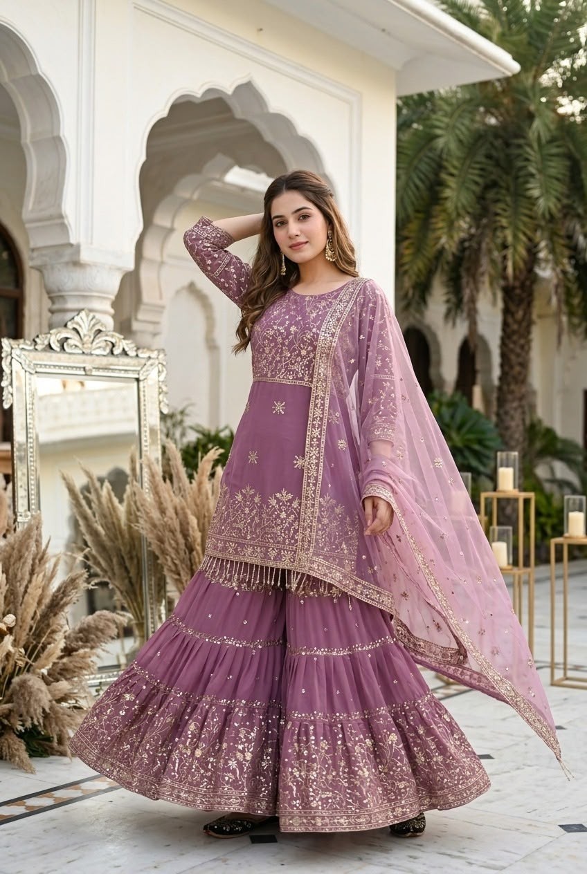 KF-1735 | Heavy Faux Georgette Embroidered Top Sharara Dupatta Set | M-XXL