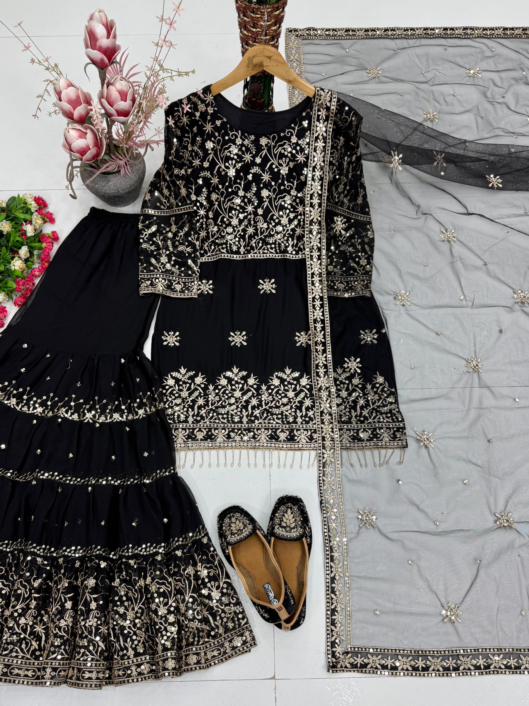 KF-1735 | Heavy Faux Georgette Embroidered Top Sharara Dupatta Set | M-XXL