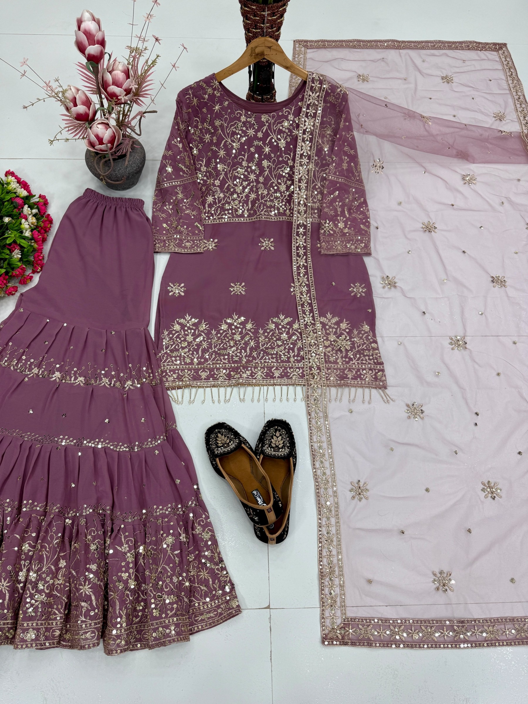 KF-1735 | Heavy Faux Georgette Embroidered Top Sharara Dupatta Set | M-XXL