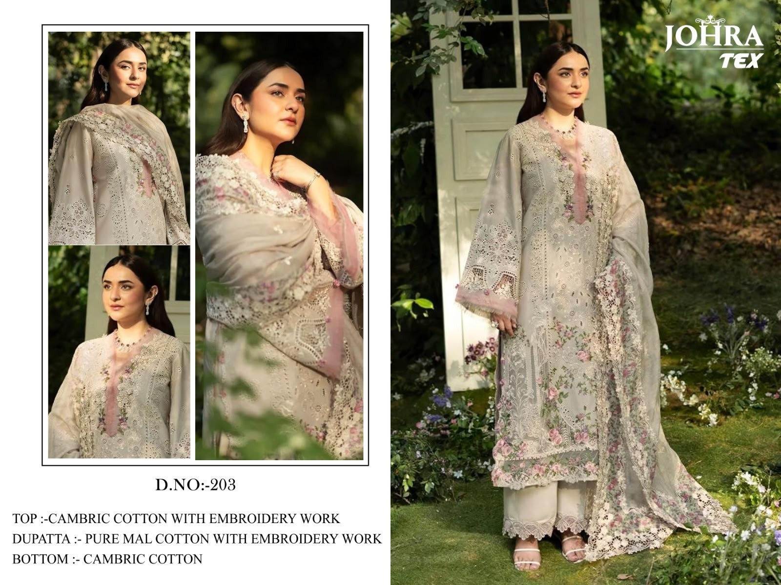 JT - 203 CAMBRIC COTTON WITH HEAVY EMBROIDERY WORK IN PAKISTANI SUIT BY JOHRA TEX 