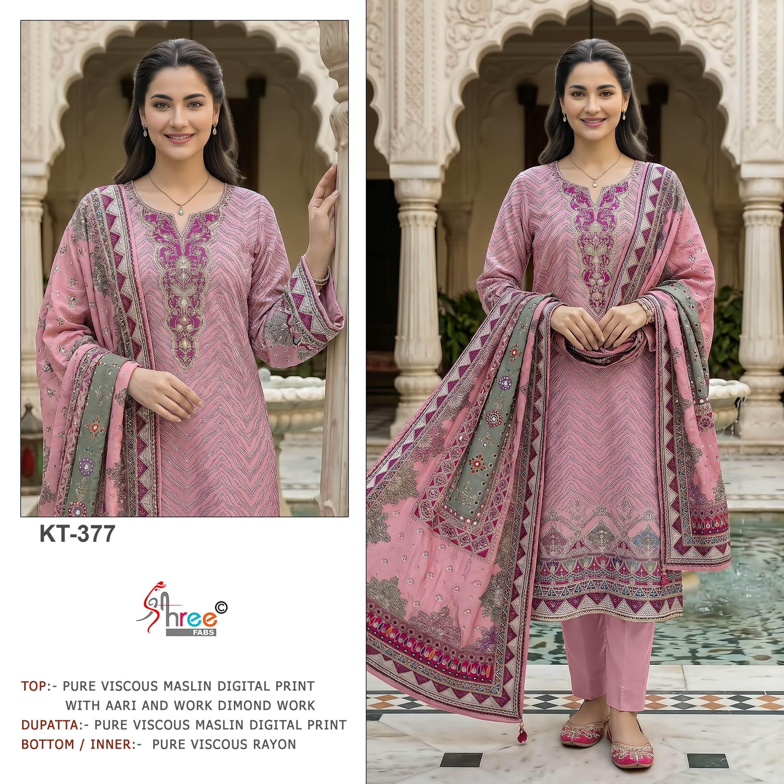 KT - 371 - 377 PURE VISCOSE MASLIN DIGITAL PRINT AND HAND WORK IN PAKISTANI SUIT 