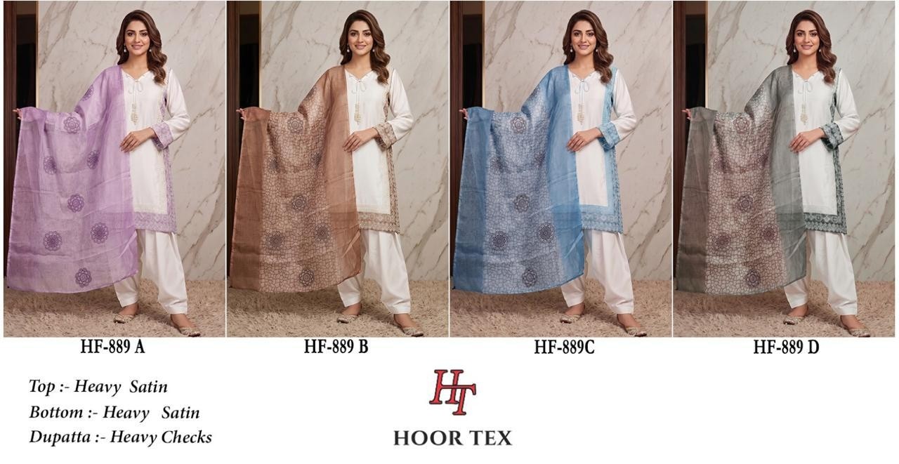 HF - 889 A B C D HEAVY SATIN READYMADE PAKISTANI SUIT BY HOOR TEX 