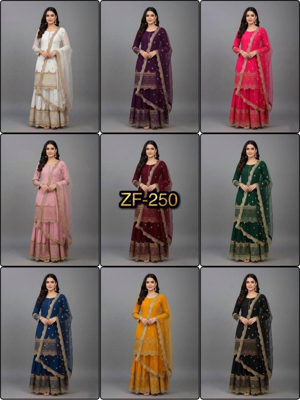 ZF :- 250  HEAVY FOX GEORGETTE READYMADE PAKISTANI SHARARA SUIT COLLECTION 