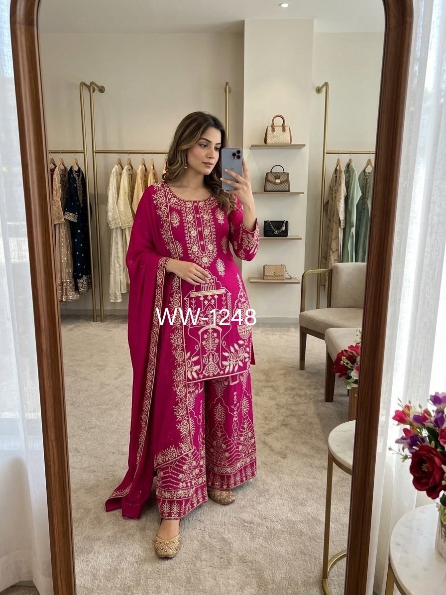 WW - 1248 PURE CP-VICITRA SILK WITH EMBROIDERY WORK BY PAKISTANI READYMADE SHARARA SUIT COLLECTION 