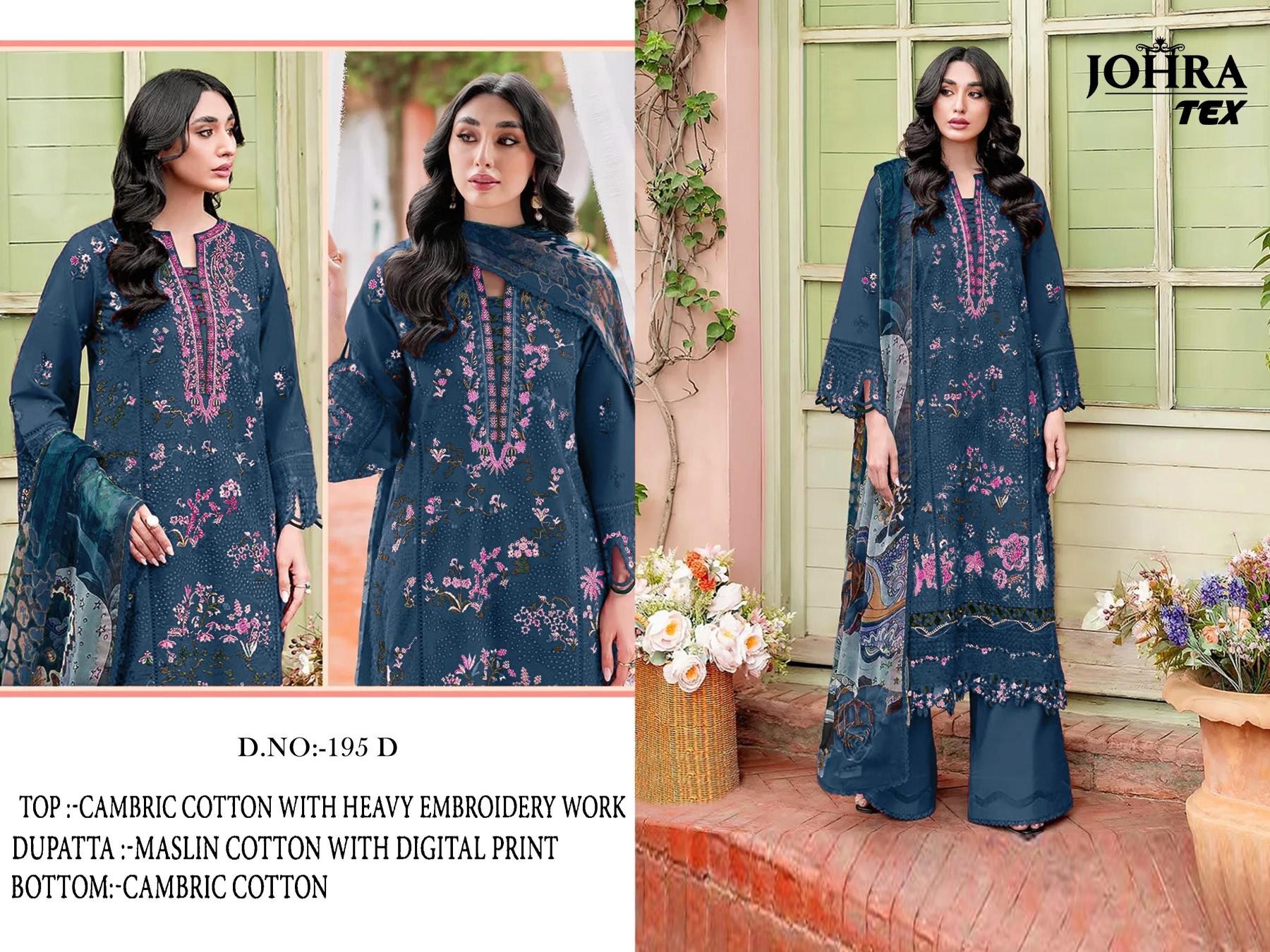 JT - 195 - D - PURE CAMBRIC COTTON WITH HEAVY EMBROIDERY WORK BY PAKISTANI SUIT COLLECTION 