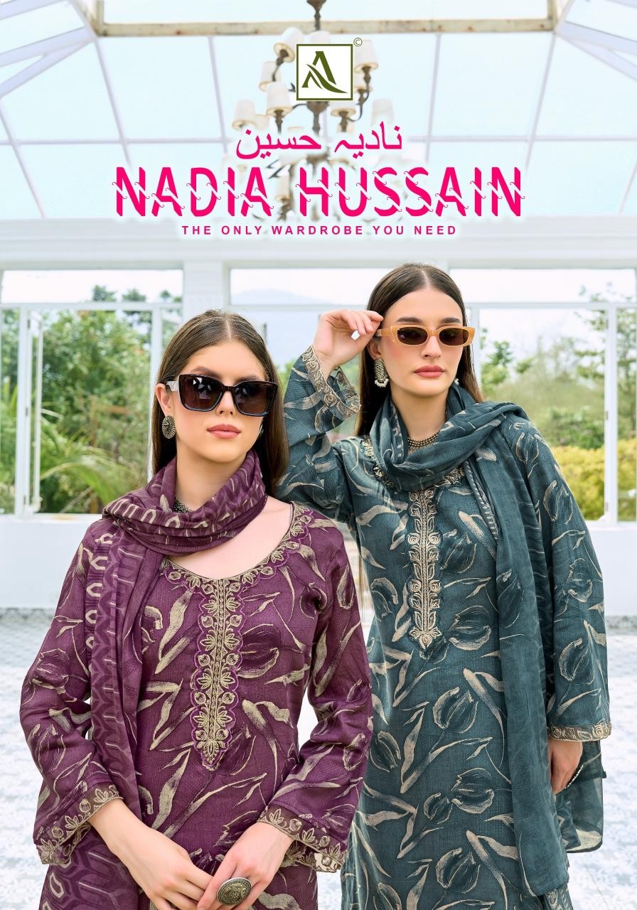 NADIA HUSSAIN :- PURE JAM COTTON FOIL WITH EMBROIDERY WORK BY ALOK SUIT 