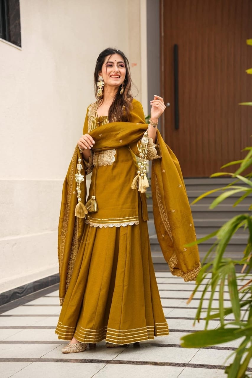 AC - 1248 - PURE SOFT CHINON FABRICS WITH BEAUTIFUL EMBROIDERY CODING & SEQUENCE WORK PLAZZO AND SHARARA READYMADE SUIT 