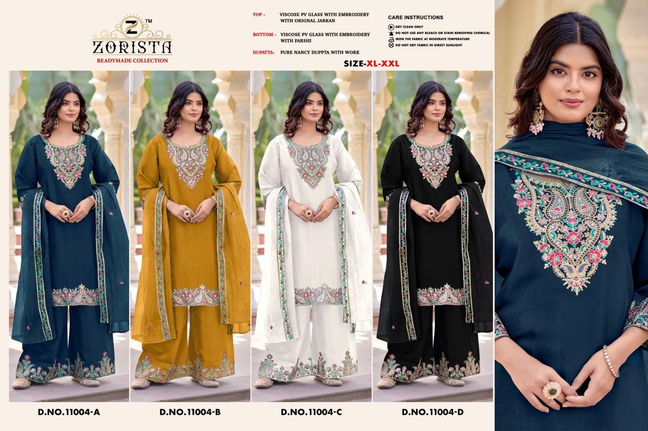 ZORISTA - 11004 - A B C D - PURE PV GLASS SILK WITH HEAVY EMBROIDERY JARKAN WORK BY PAKISTANI READYMADE SUIT SALWAR AND PLAZZO AND SHARARA COLLECTION 