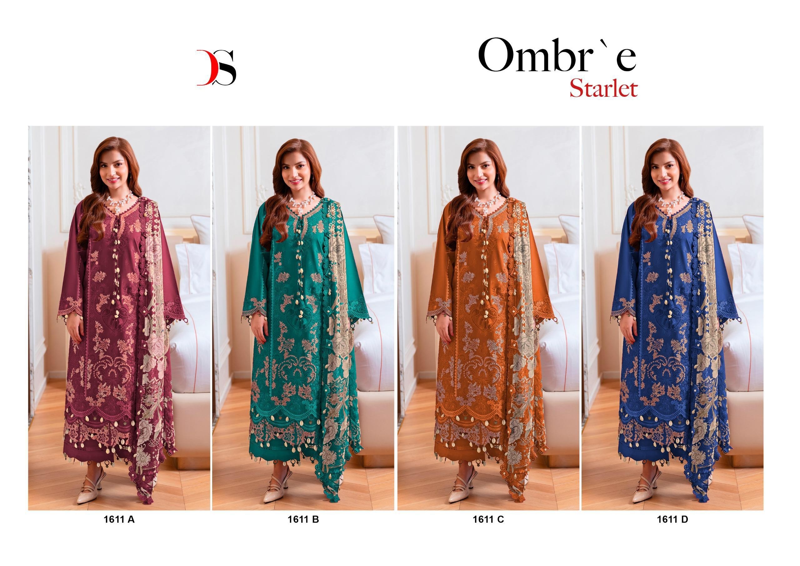 OMBRE STARLET :- 1611 - PURE COTTON HEAVY SELF EMBROIDERY WORK BY PAKISTANI SUIT COLLECTION WITH DEEPSY SUIT 