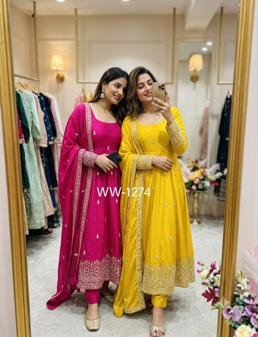WW - 1274 - PURE CHINON SILK WITH SEQUENCE EMBROIDERY WORK & LATKAN DORI BY PARTY WEAR AND WEDDING GOWN COLLECTION 