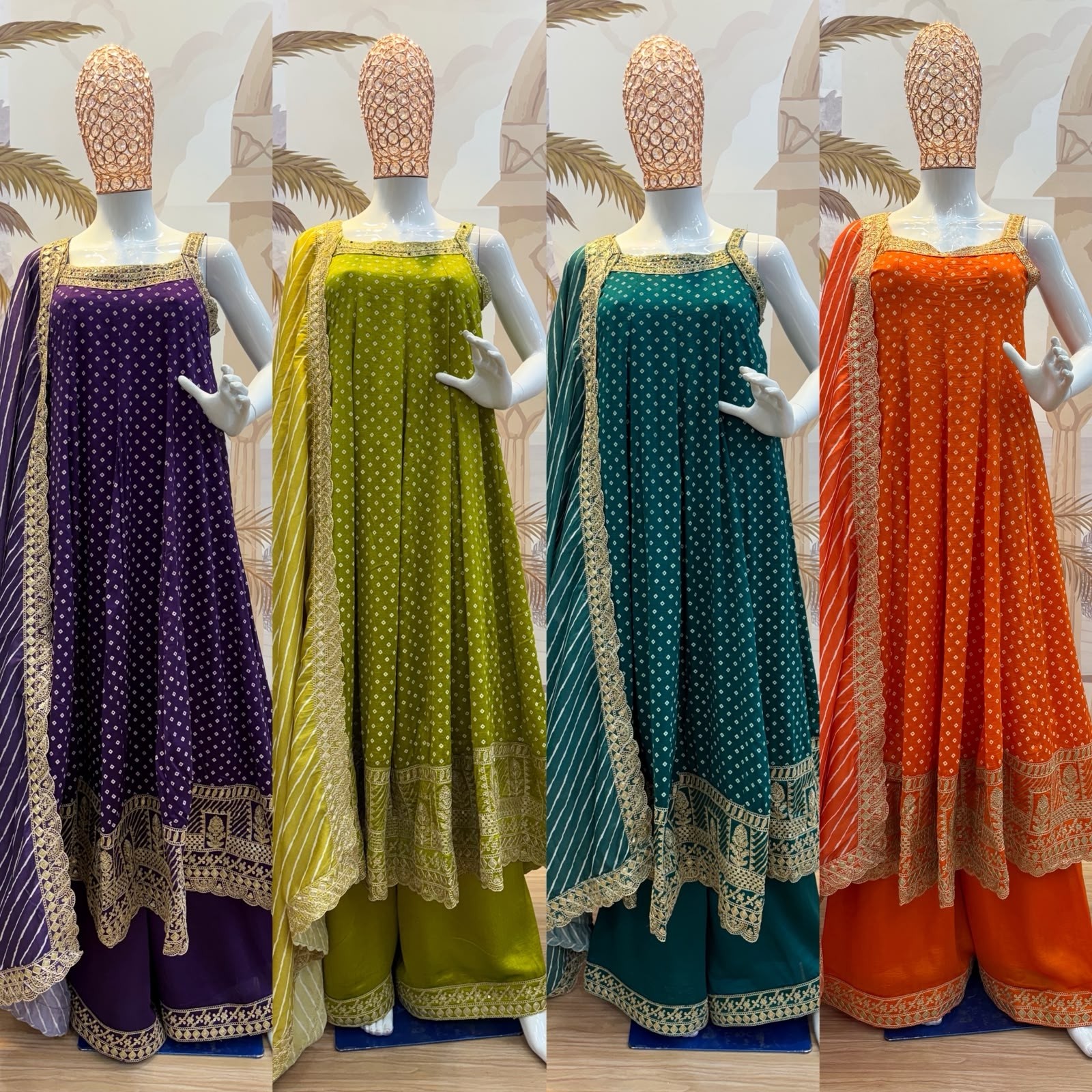 RANG KHAJURI :- RR - 46 - BANDHANI VICHITRA SILK HEAVY EMBROIDERY WORK & MIRROR WORK BY PARTY WEAR GOWN COLLECTION 