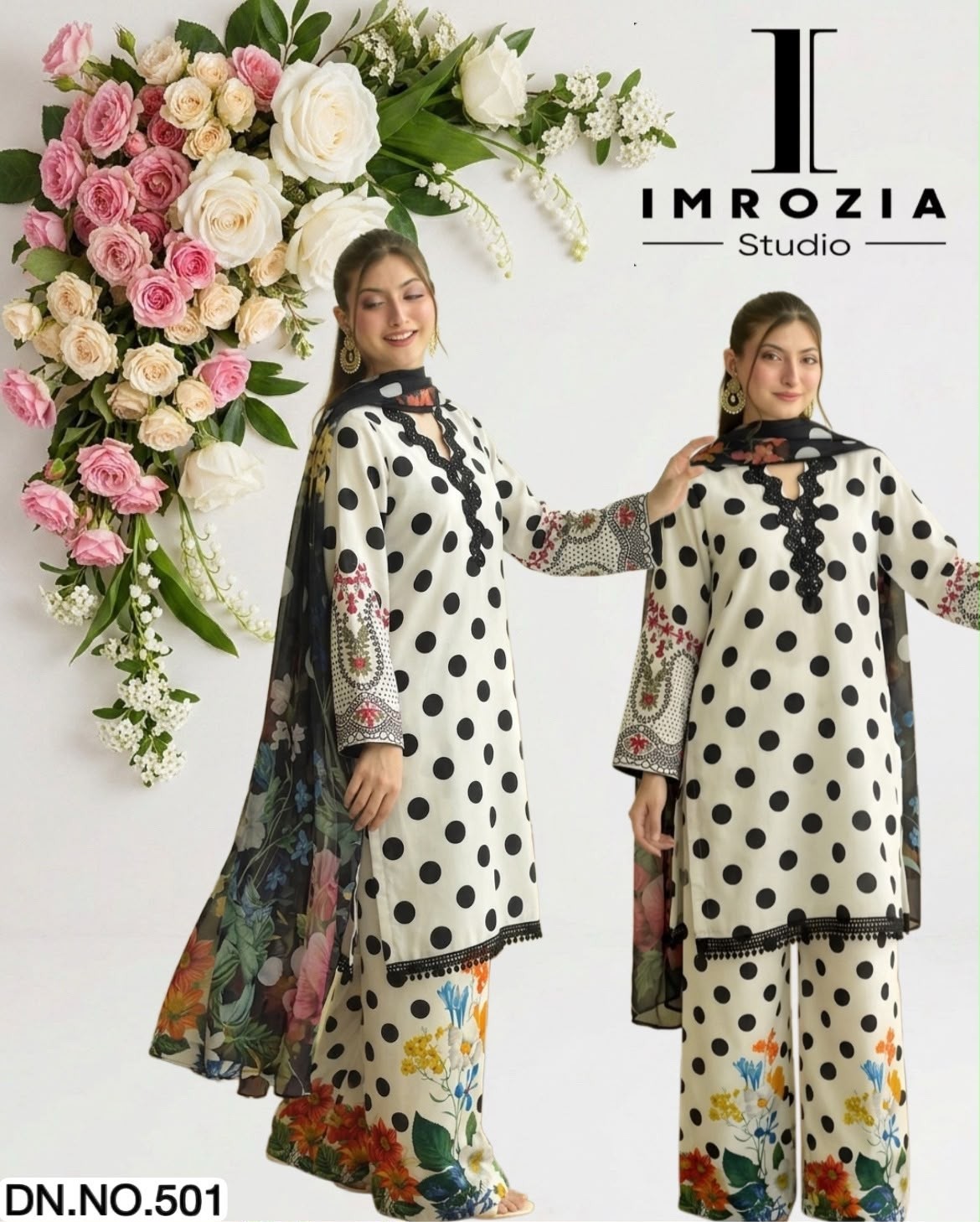 IMROZIA STUDIO - D.NO - 501 - IMPORTANT SATIN PRINT WITH SEQUENCE WORK LESS BY PAKISTANI READYMADE SUIT COLLECTION 