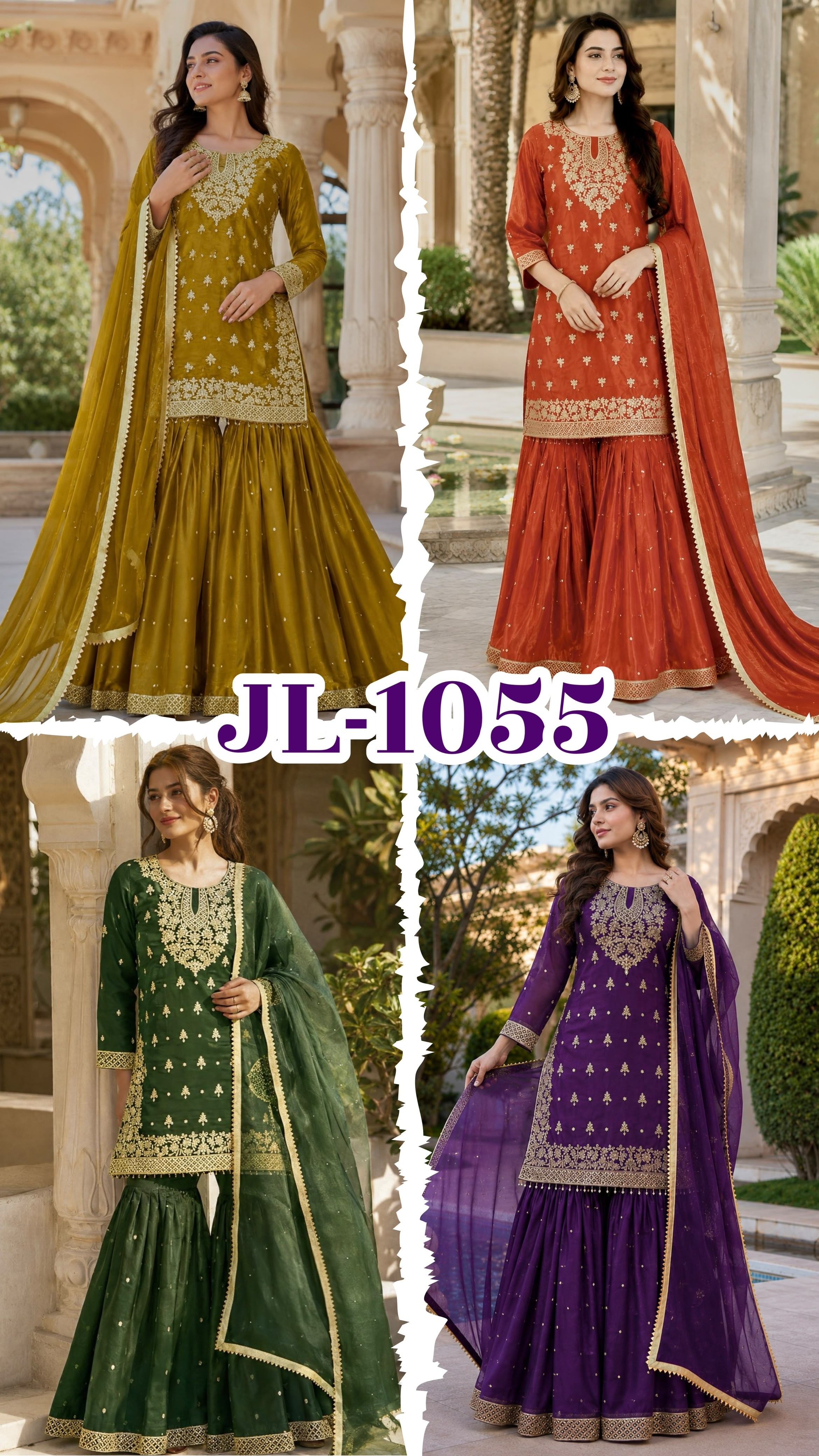 JL 1055 Pure GMY Silk Embroidery Sequence Top Sharara Set with Dupatta 