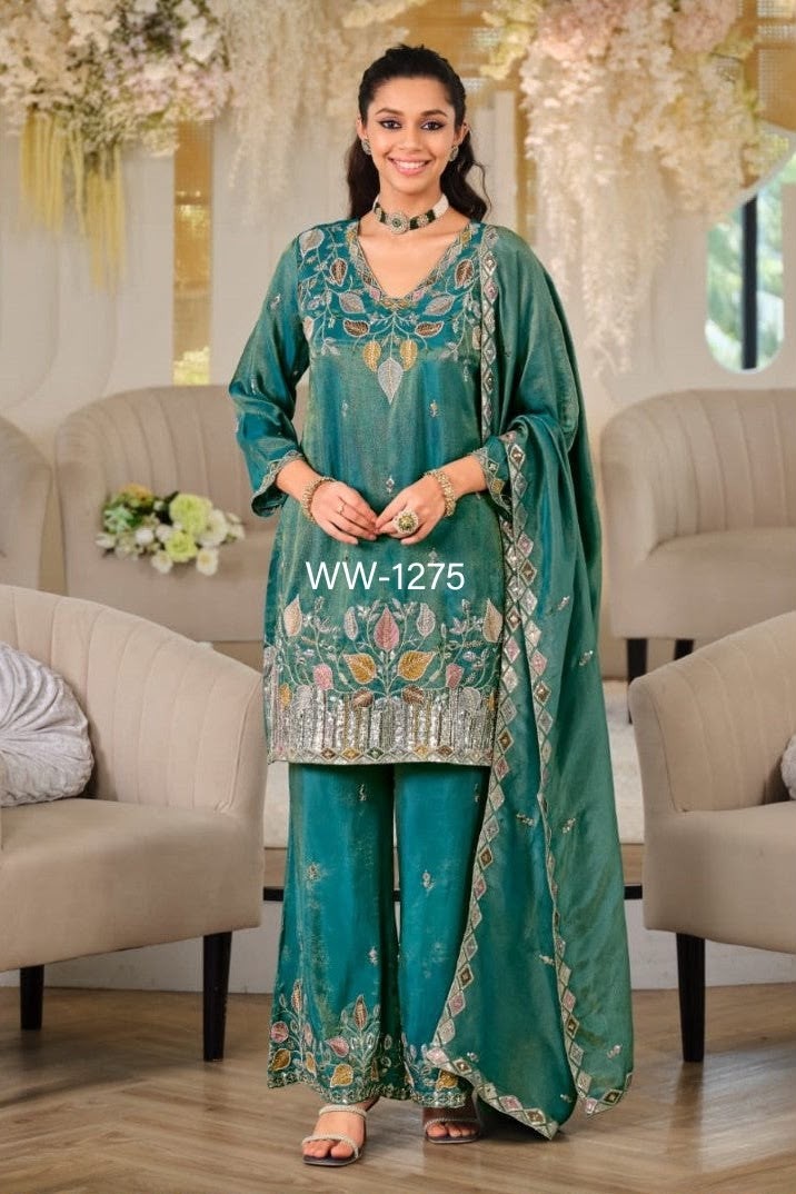 NC Moss Silk Embroidered Top Palazzo Dupatta Set – WW 1275 Pakistani Readymade Suit single wholesale price 