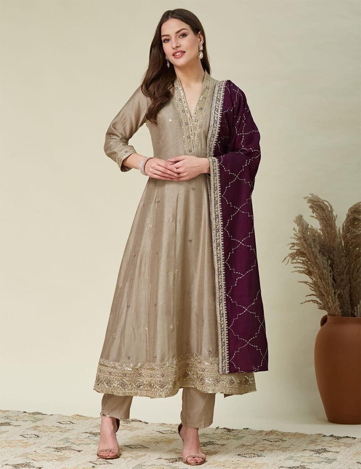 Aarya Vichitra Embroidered Kurta Pant Dupatta Suit Set – Beige & Wine