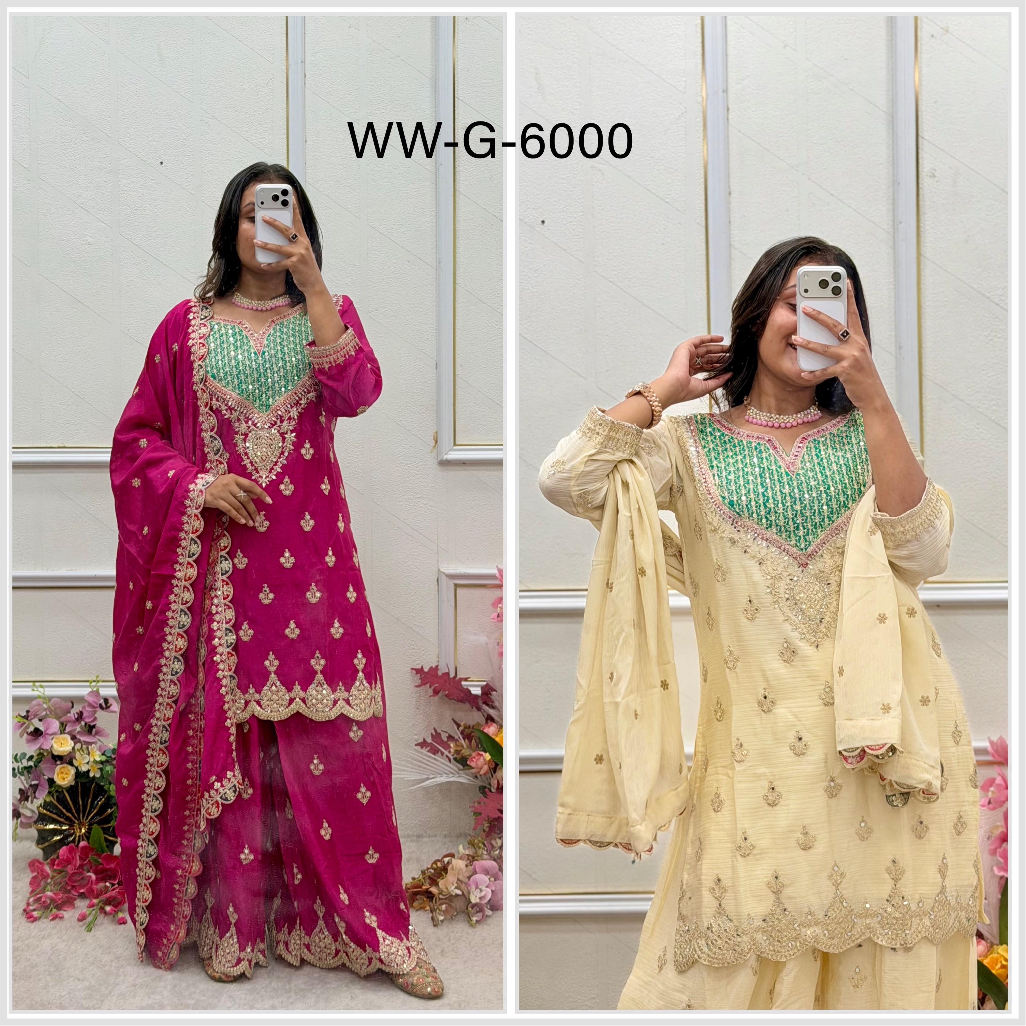 Designer Party Wear Chinon Silk Sharara Suit with Embroidered Dupatta – WW-G 6000 Pakistani Readymade Suit single wholesale price 