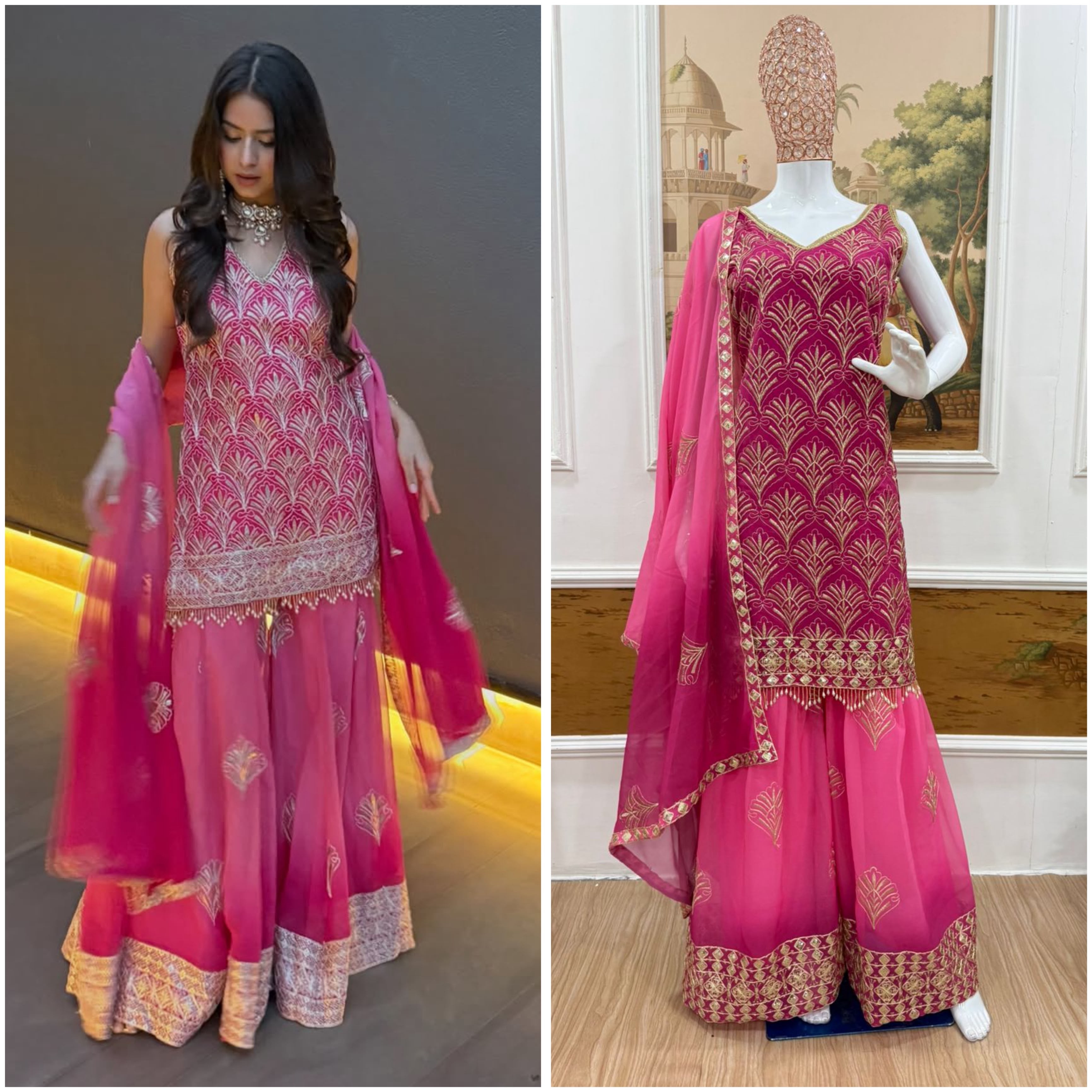 ST-1190 Premium Embroidered Printed Faux Georgette 3 Piece Kurti Palazzo & Dupatta Set Pakistani Suit Single Wholesale Price 