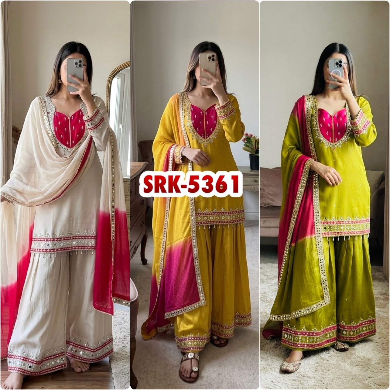 SRK-5361 Roman Glass Real Mirror Work Kurti Palazzo Set with Kota Checks Dupatta Pakistani Suit Single Wholesale Price 