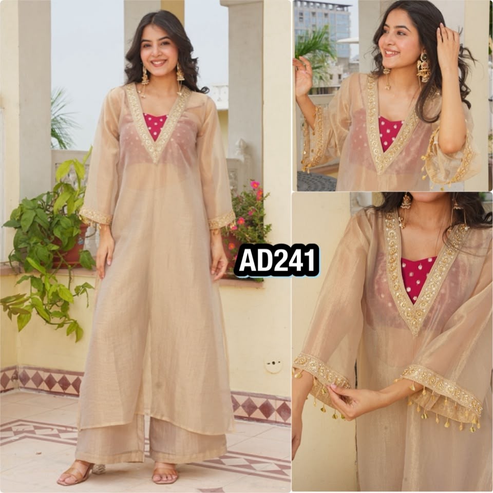 AD241 Pure Golden Tissue Salsa Designer Kurta Palazzo Set with Blouse