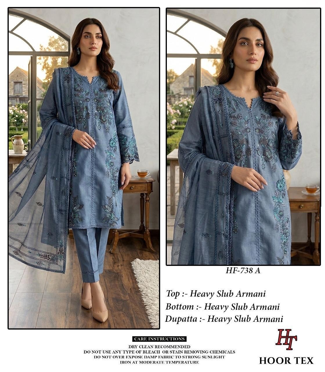 Hoor Tex HF-738 Pakistani Heavy Slub Armani Full Stitched 3-Piece Pakistani Suit Single And Full Set Wholesale Price 