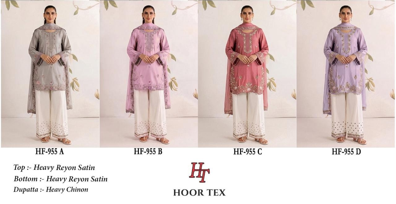 Hoor Tex HF-955 Pakistani Heavy Reyon Satin Suit Set with Chinon Dupatta Pakistani Suit Single And Full Set Wholesale Price 