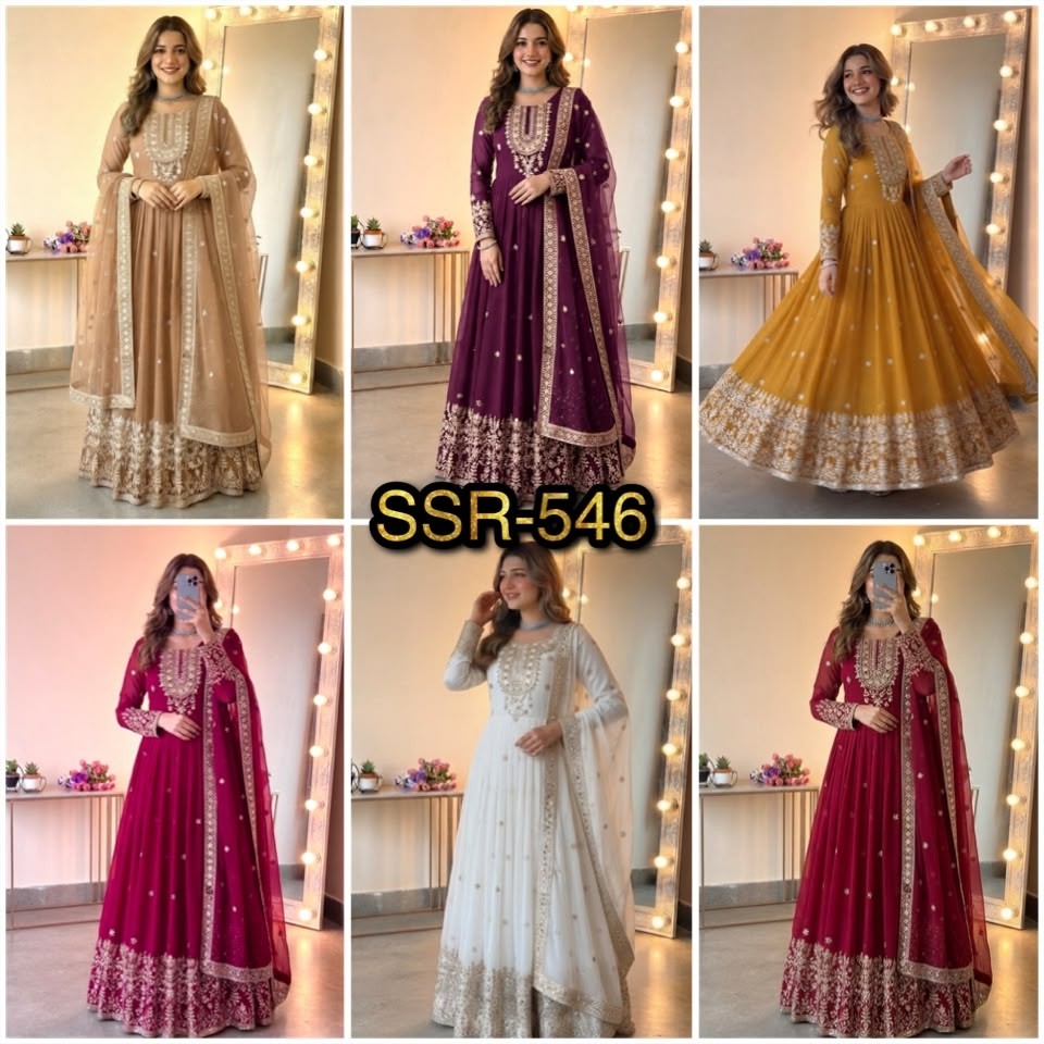 Heavy Georgette Embroidered Sequence Work Gown With Pant & Dupatta – SSR-546 Partywear and wedding Gown Single Wholesale Price 