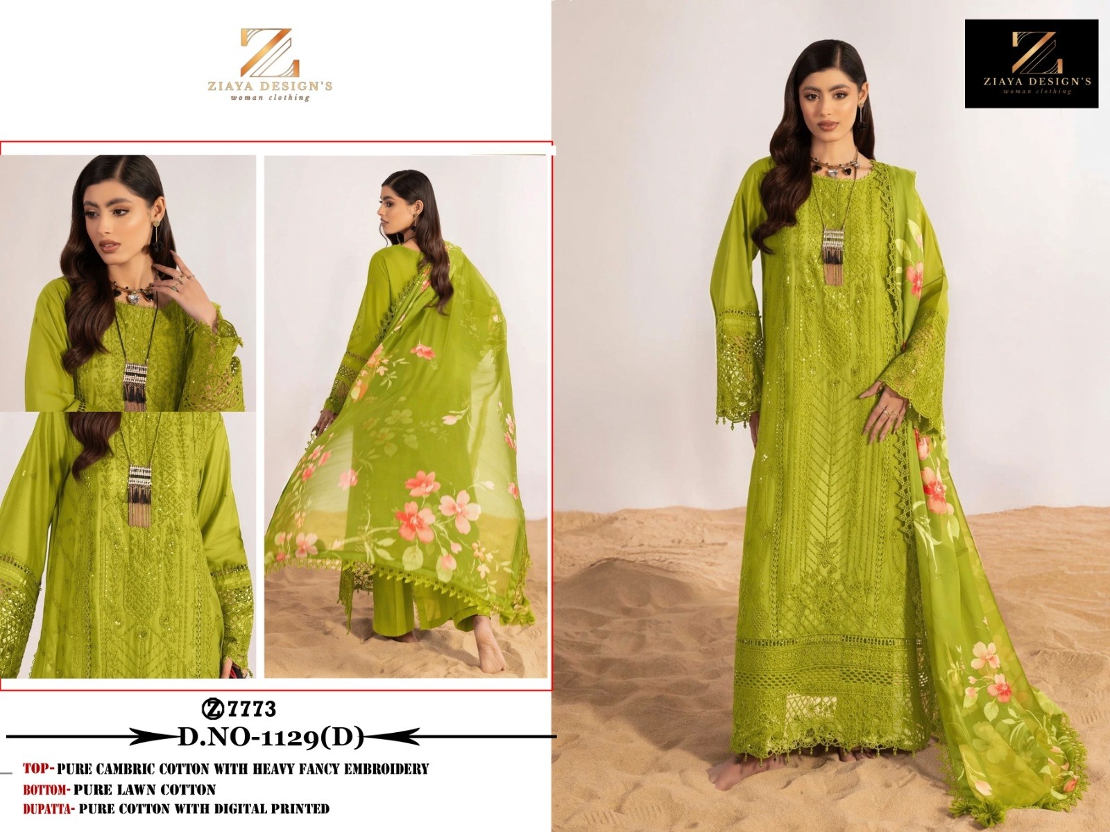 Ziaya Design 1129 Lawn Embroidered Cambric Cotton Semi-Stitched Suit with Digital Print Dupatta Pakistani Suit Single Wholesale Price 