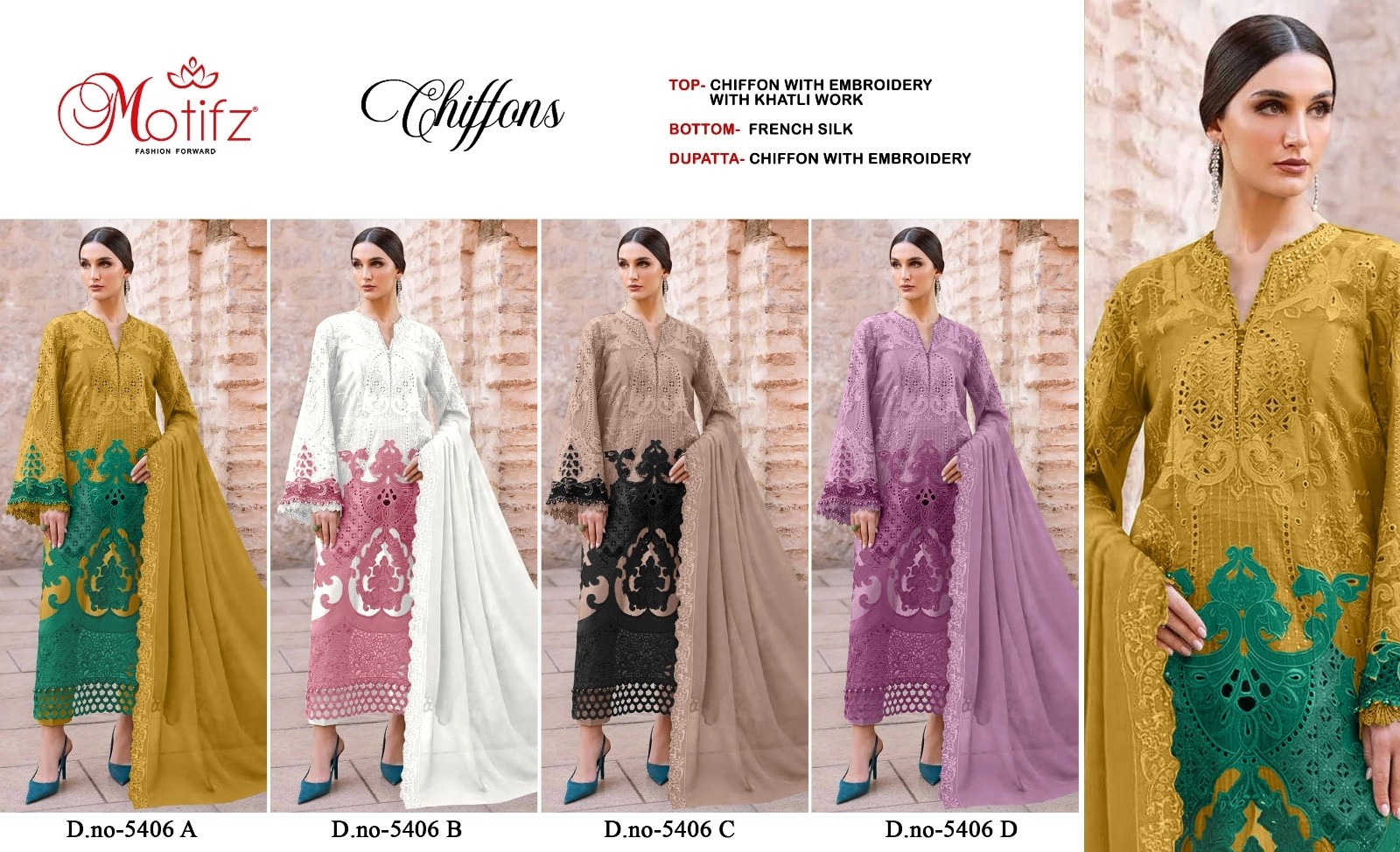 Luxury Chiffon Embroidery Khatli Work Suit Set with Embroidered Dupatta – Design 5406 Pakistani Suit Single Wholesale Price 