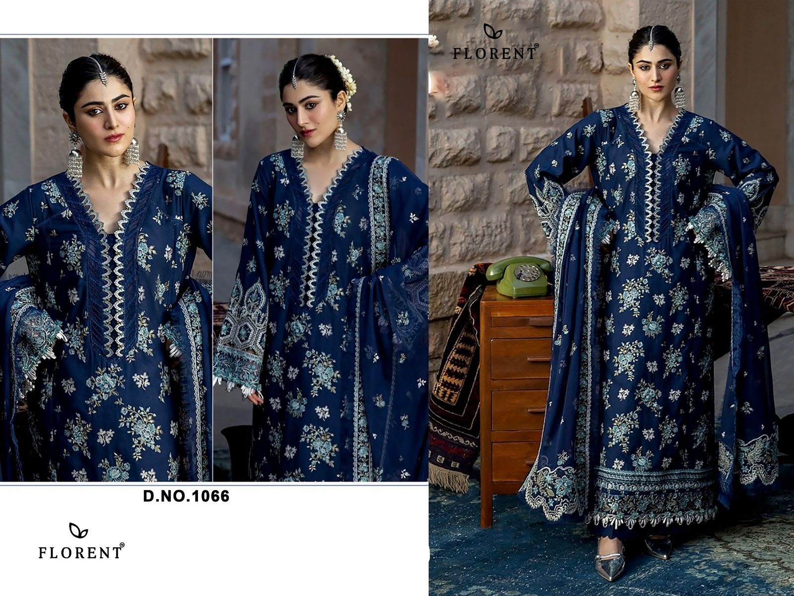 Florent Rayon Cotton Embroidered Suit with Heavy Embroidered Kota Checks Dupatta – Design 1066 Pakistani Suit Single Wholesale Price 