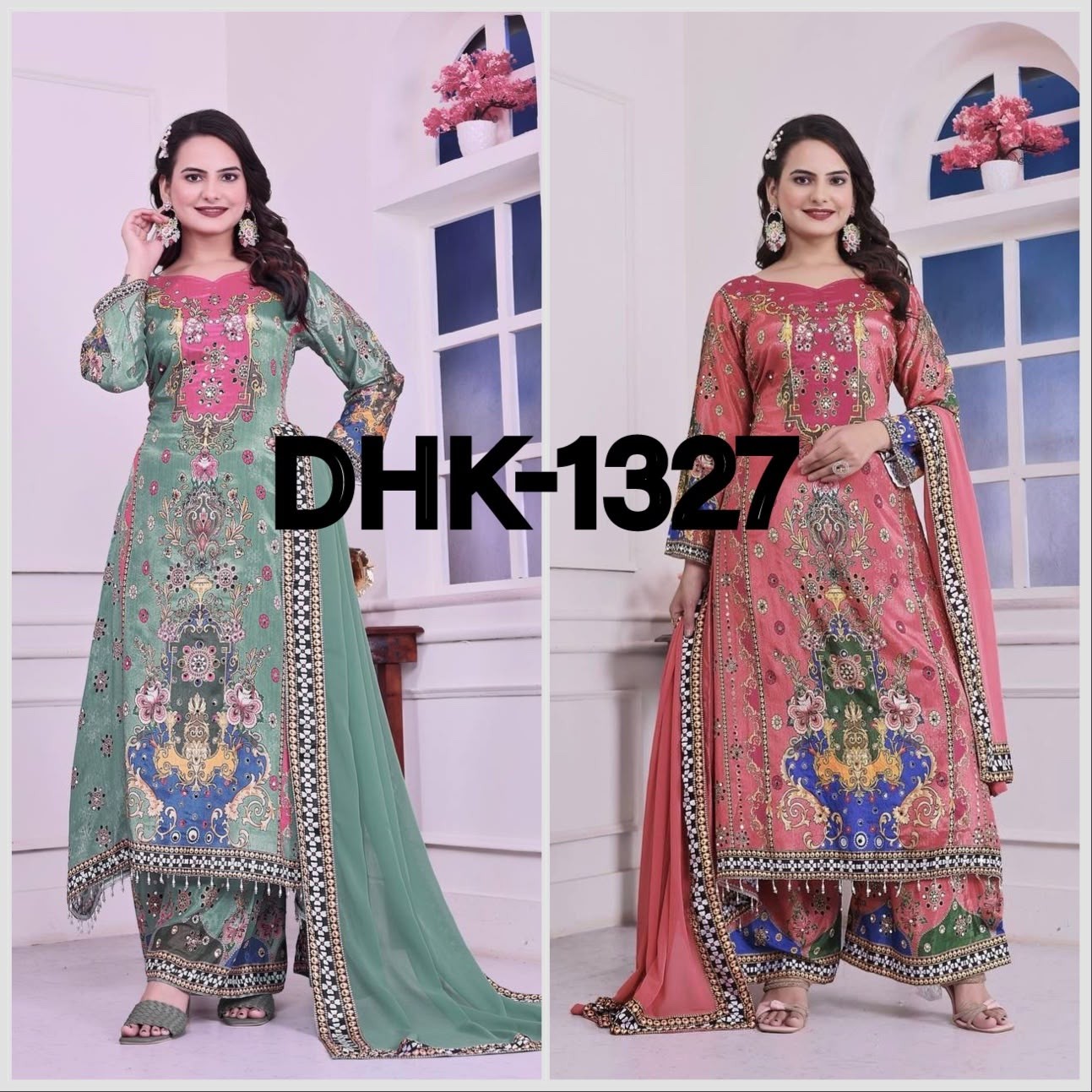 DHK-1327 Eid Special Chinon Silk Digital Print A-Line Kurta Palazzo Set With Dupatta Pakistani Readymade Suit single wholesale price 
