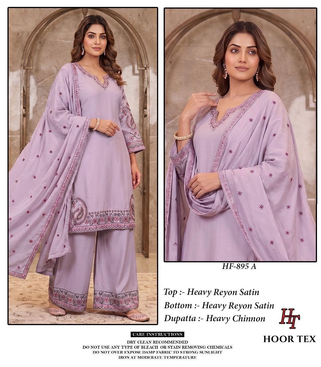 Hoor Tex HF-895 A to D Pakistani Suit – Heavy Reyon Satin Full Stitched Pakistani Suit (Single And Full set) Wholesale Price 