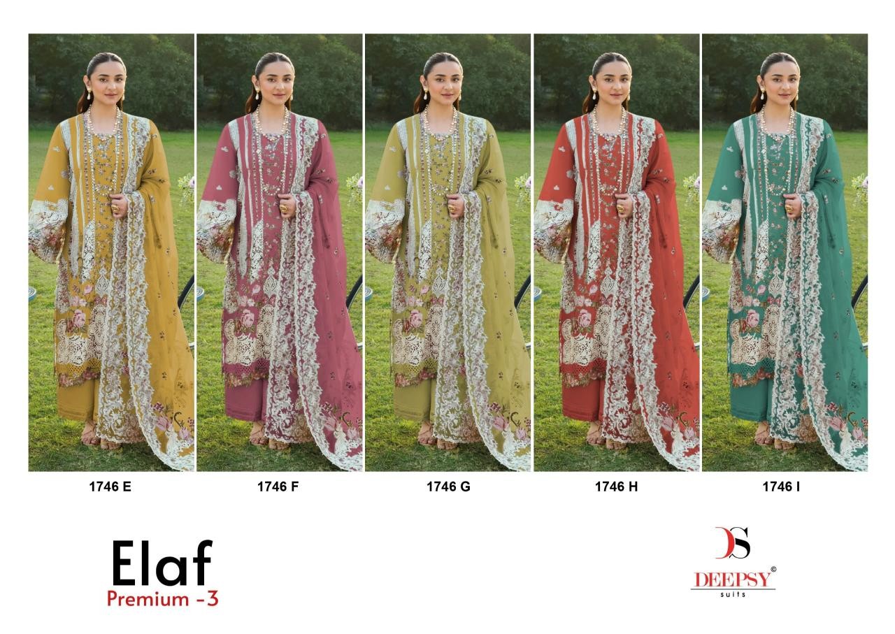 ELAF Premium-3 Luxury Lawn – Design 1746 | Heavy Self Embroidered Cotton Pakistani Suit Full Set Wholesale Price 
