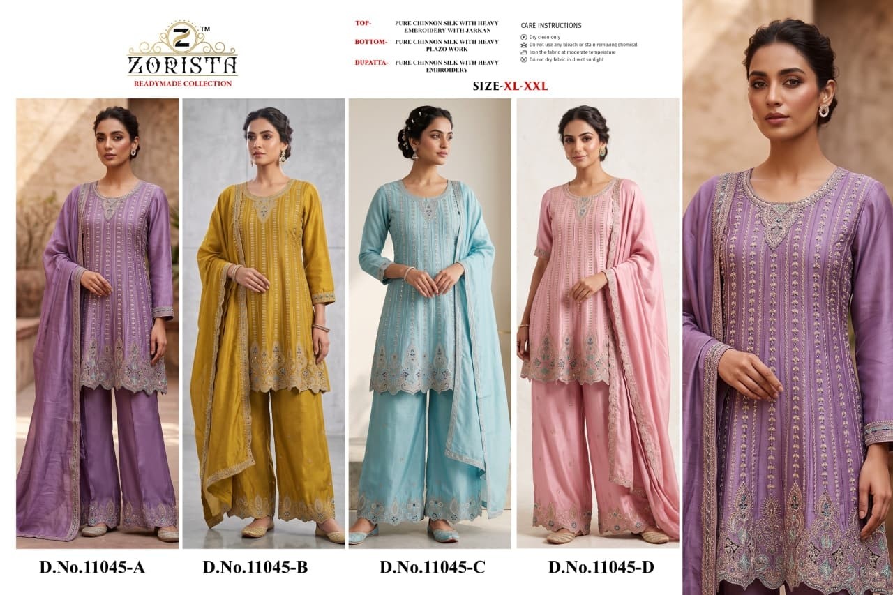 ZORISTA | DNO-11045 A-B-C-D | Premium Chinnon Silk Embroidered Plazo Set | RD Fashion Surat