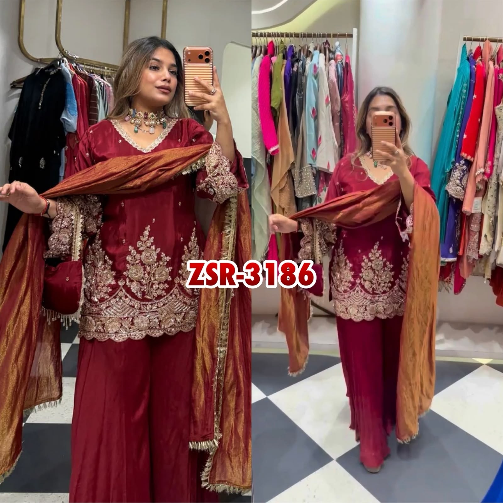 ZSR-3186 | French Crepe Embroidered Sharara Palazzo Suit | Ready to Wear | RD Fashion Surat