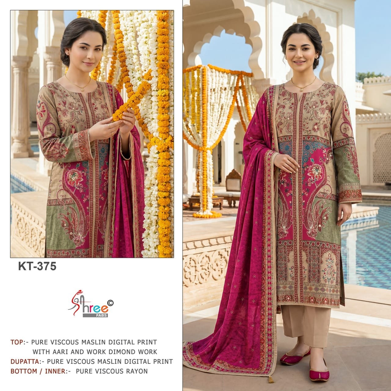 SHREE FAB SURAT | KT-375 | Viscose Maslin Digital Print Handwork Suit | RD Fashion Surat
