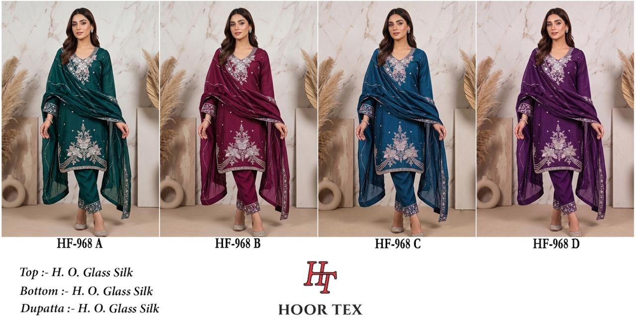 Hoor Tex | HF-968 A to D | Pakistani Full Stitched Suit | H.O. Glass Silk | XL-42 | Ready to Ship