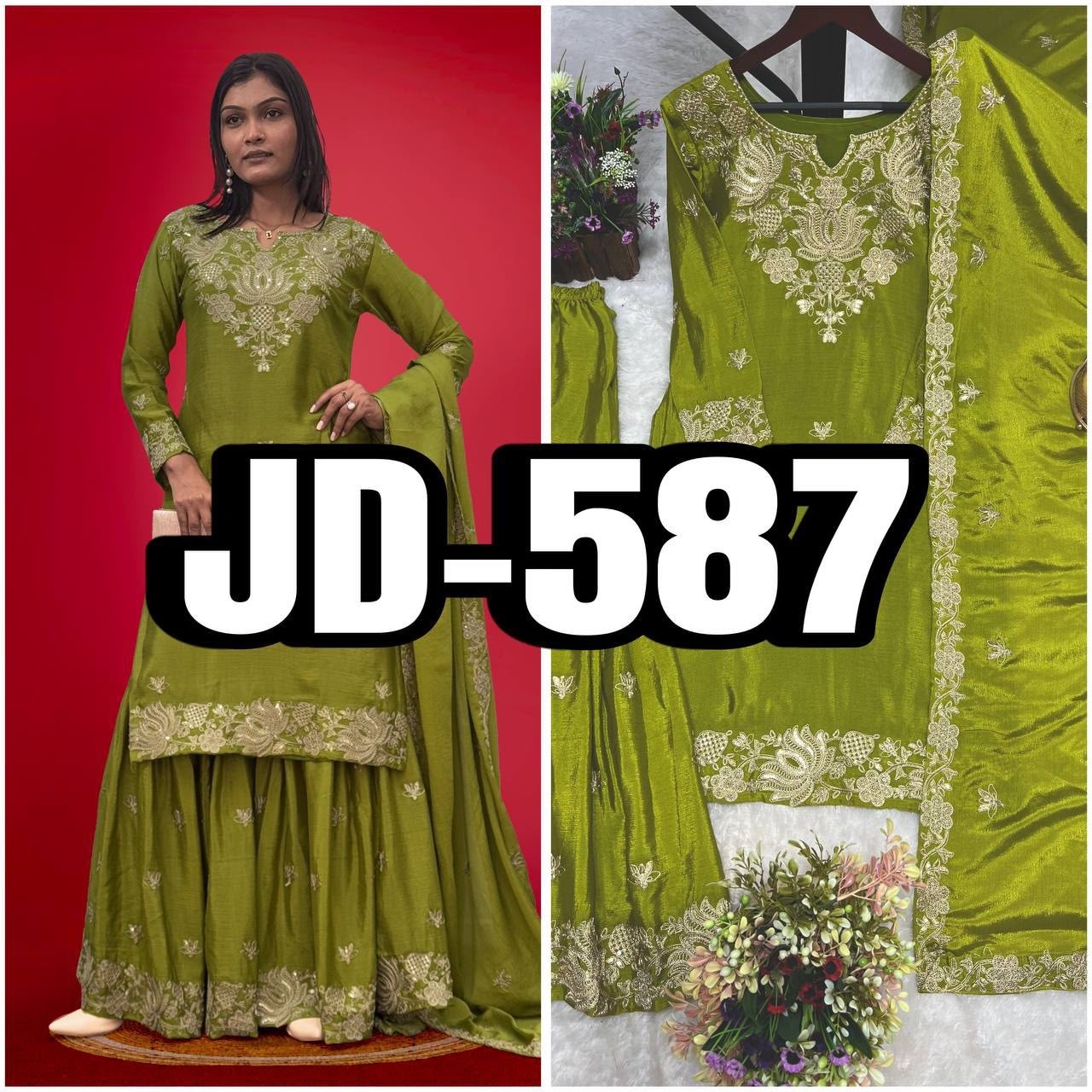 JD-587 | Pure Chinon Silk Kurti Sharara Dupatta Set | Embroidery & Sequence Work | M-XXL | Ready to Wear