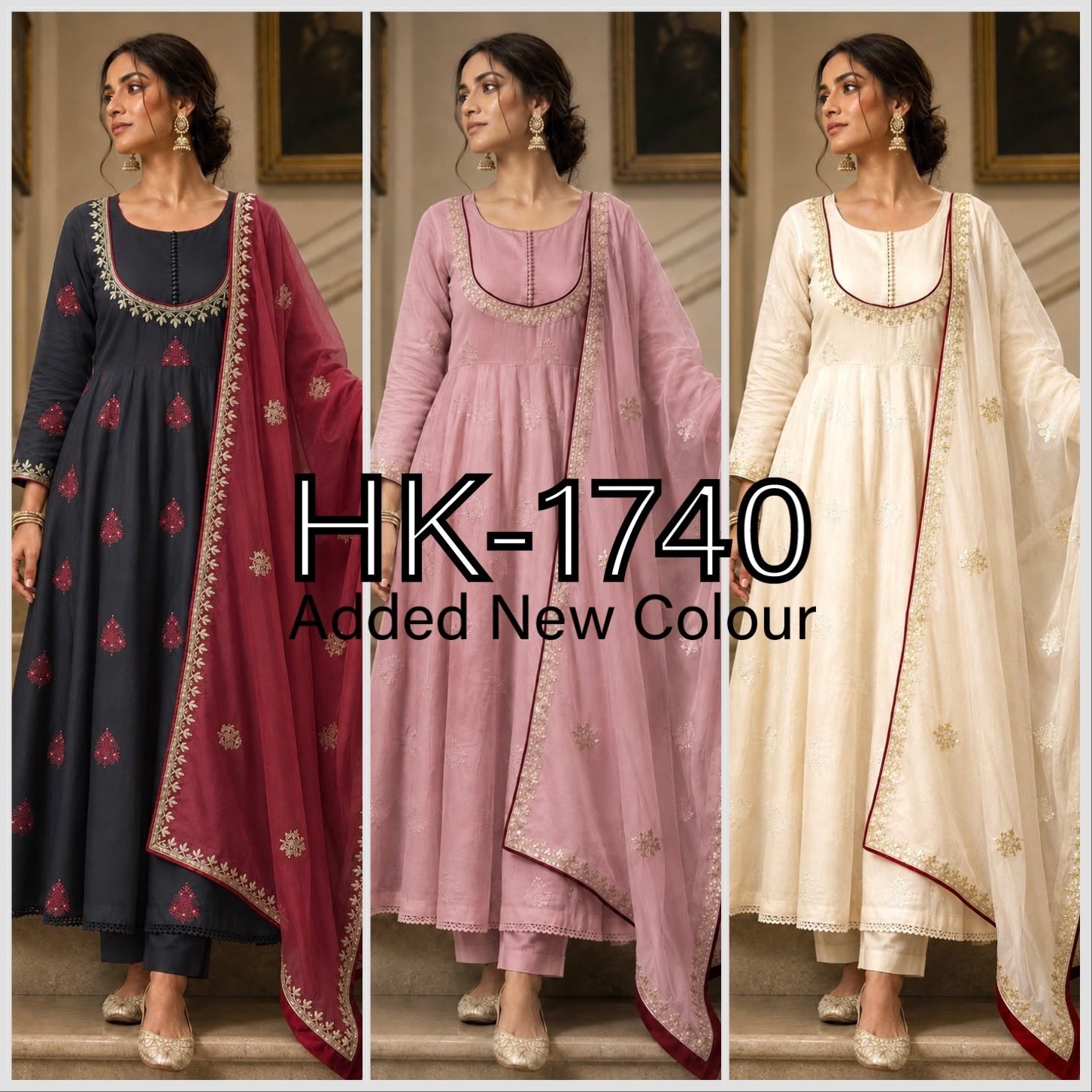HK-1740 | Roman Cotton Anarkali Gown Pant Dupatta Set | Embroidery & Sequins Work | M-XXL | Ready to Wear