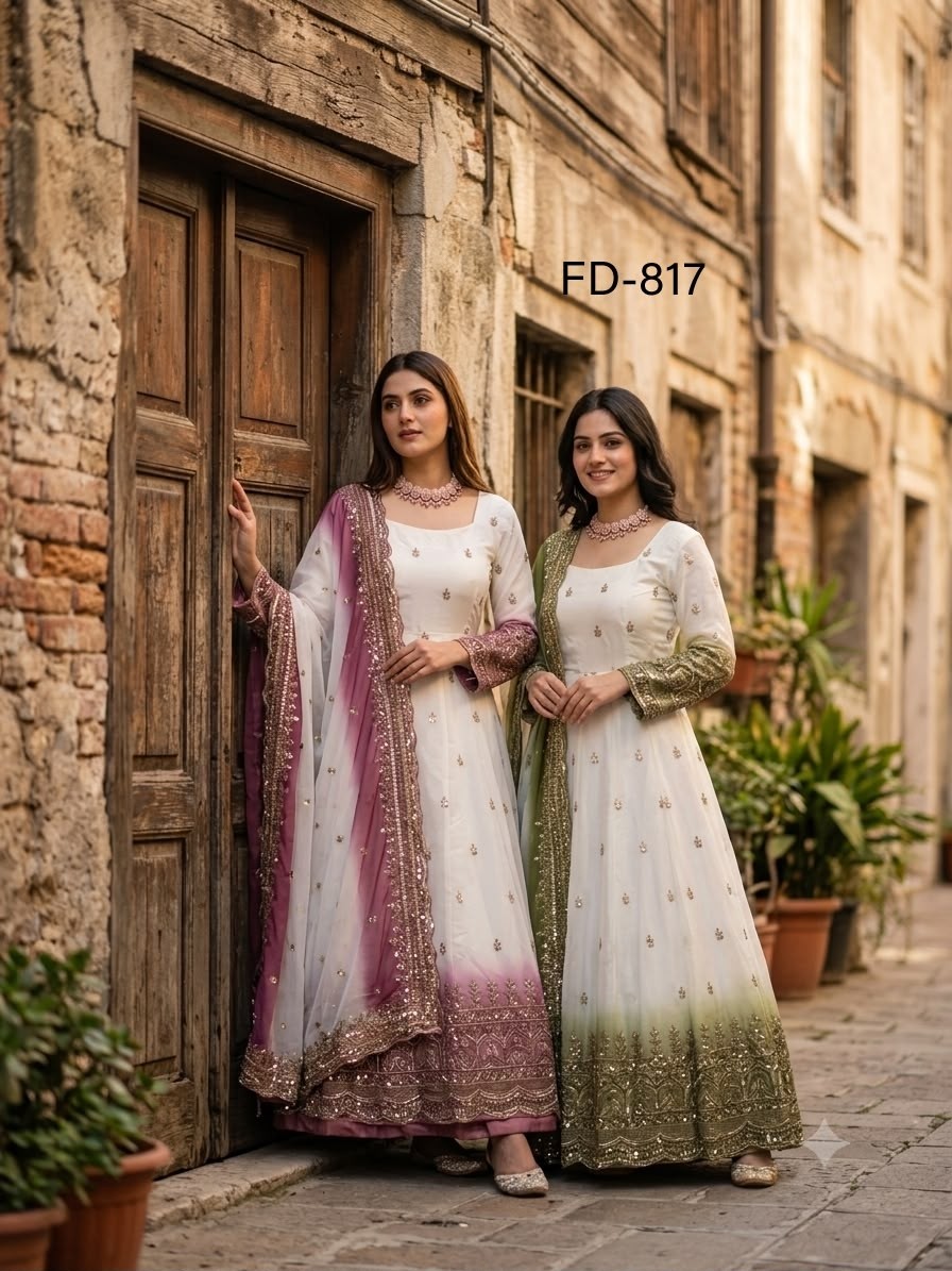 FD-817 | Star Georgette Printed Embroidered Gown Pant Dupatta Set | 5mm Sequin Work | M-XXL | Ready to Wear