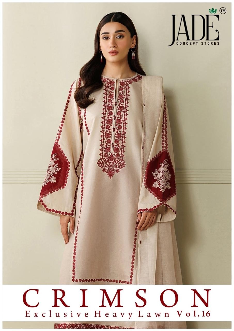 Jade Crimson Vol 16 Exclusive Heavy Lawn Collection Pakistani Karachi Printed Suit Full Set Wholesale Price