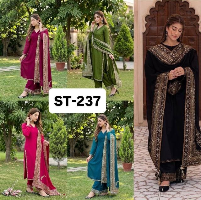 ST 237 Heavy Roman Silk Embroidered Kurti Bottom Dupatta Suit Set Pakistani Suit Single Pis Wholesale Price 