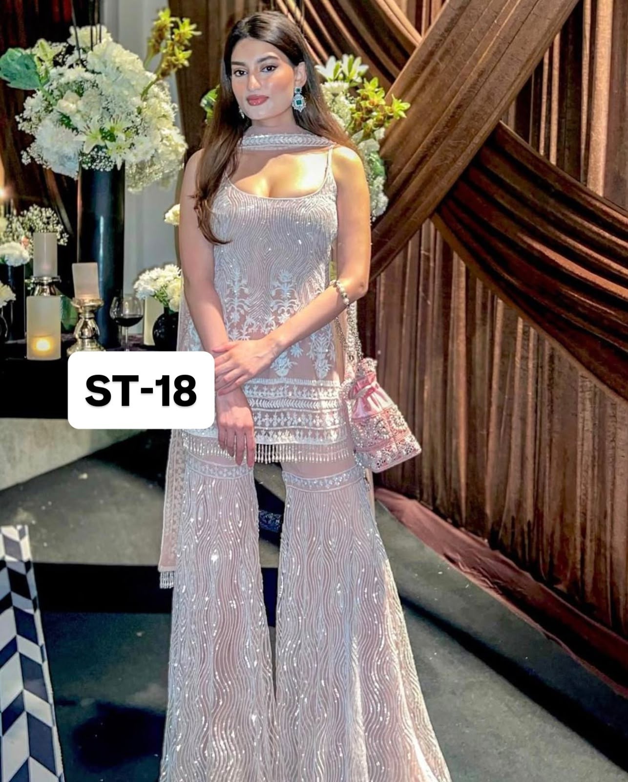 ST-18 Premium Soft Net Sequence Palazzo Suit