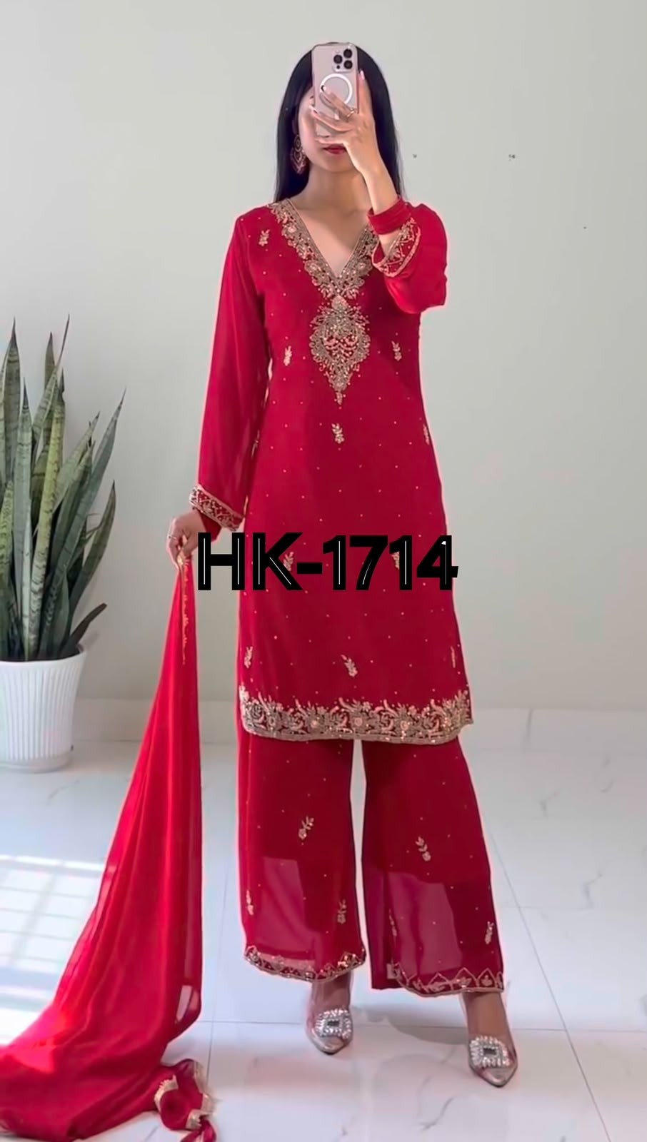 HK-1714 Heavy Faux Georgette Beads Dori Sequence Palazzo Suit Set