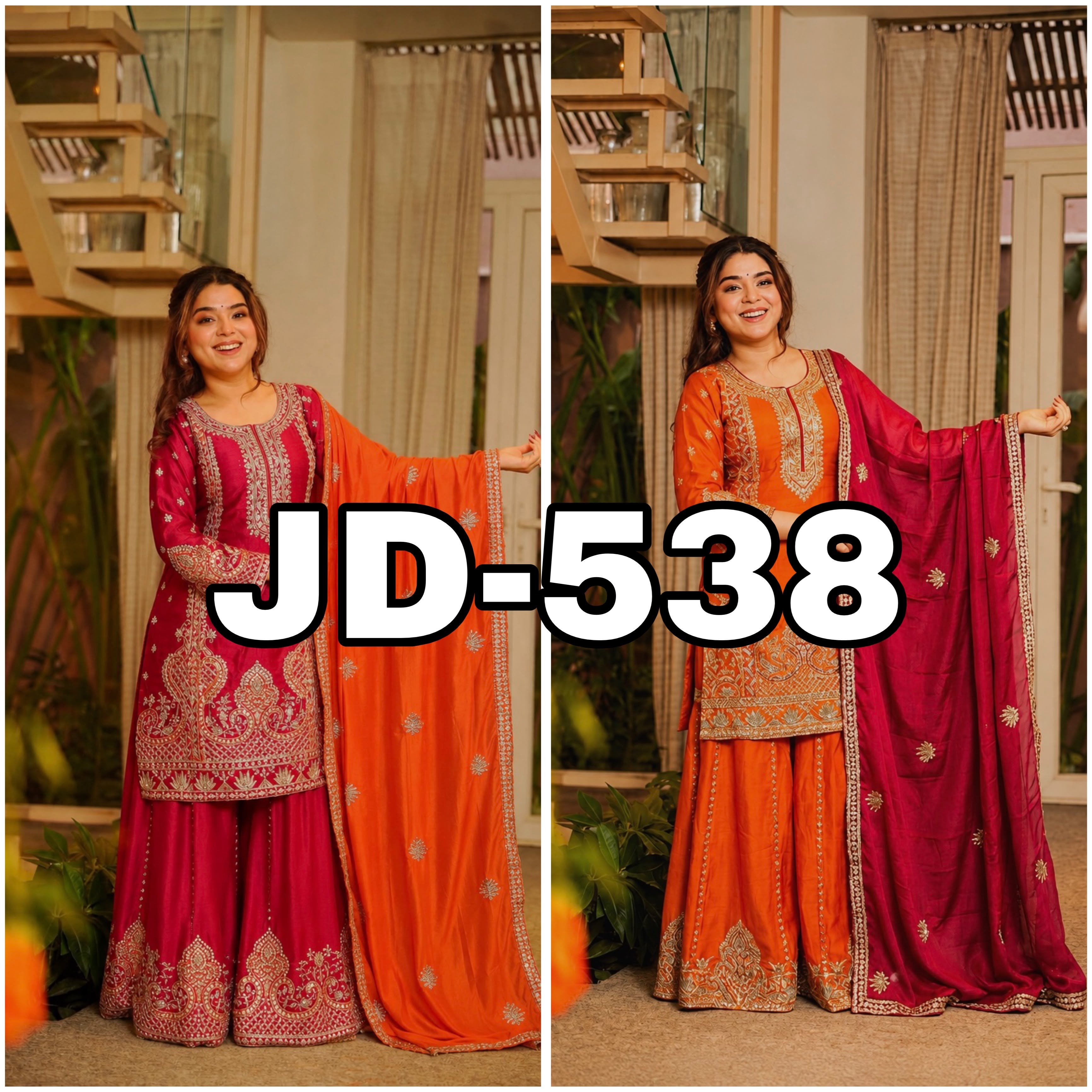 JD-538 Pure Chinon Silk Embroidered Kurti Palazzo Dupatta Set