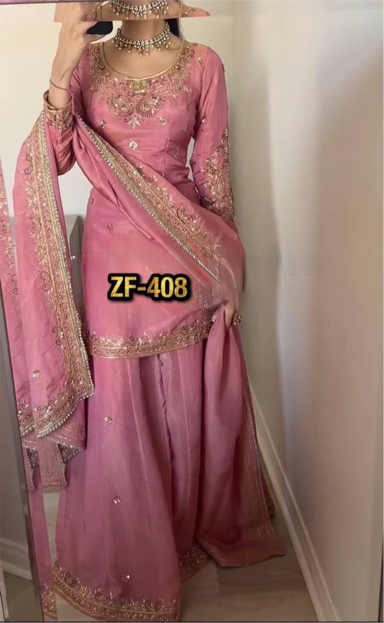 ZF-408 Heavy Pure Chinon Silk Embroidered Sharara Palazzo Suit Set